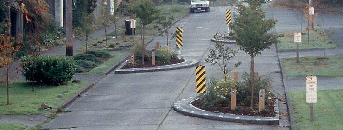 Traffic calming design elements reinforce the expectation of lowered speeds, and can help to define low-speed routes or areas that serve high numbers of pedestrians.