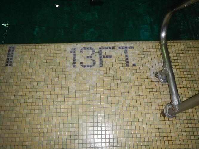 F. Depth Markings and Warning Signage Tile horizontal depth markings are located on the tile deck around the perimeter of the pool, and