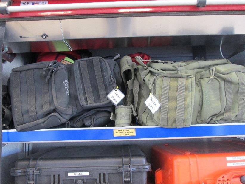The location varies depending on apparatus. The bag style and color should be consistent black for Blitz and Green for anchor pack.