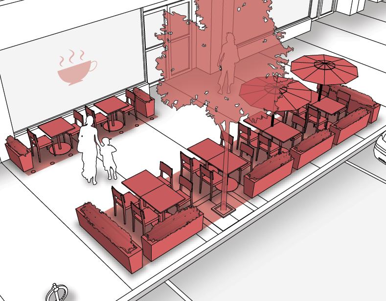café design FRONTAGE & CURBSIDE CAFÉ Creates two separate café areas that are bisected by the pedestrian