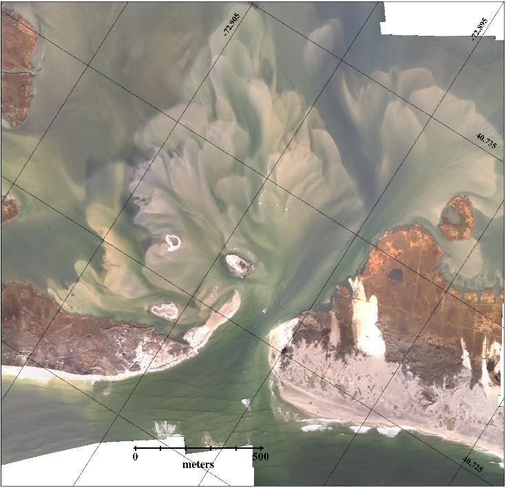 In addition to the aerial overflights, we have conducted a series of bathymetric surveys to define the evolution of the underwater shape of the inlet.