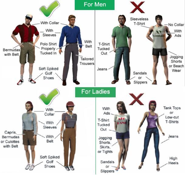 BASIC GOLF INTRODUCTION DRESS CODE Dress right for golf. A reminder for all golfers to maintain proper decorum when golfing. Here is a guide on proper golfing attire: Ladies!