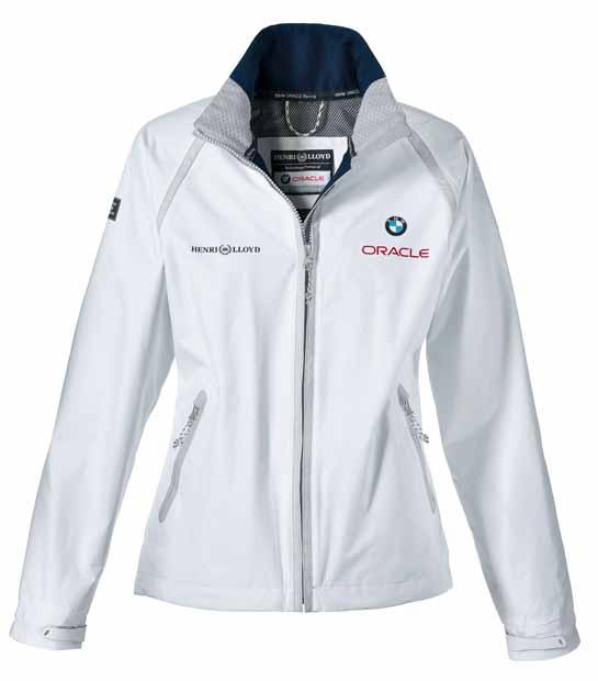 Mayflower Yachting Rugby Shirt Ladies Navy blue long-sleeved rugby shirt with white stripes, embroidered with the BMW ORACLE Racing logo, Henri Lloyd logo, and GGYC