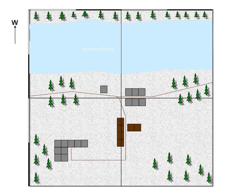 Each square on the map is 1 foot x 1 foot The woods are treated as woods with underbrush.