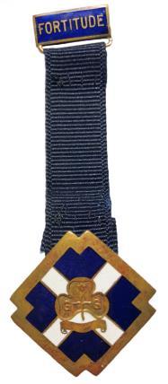 Fortitude Award 1. H1008 2. POR (British 1927) 3. 1927-1941 4. Cross; metal: white enamel cross on navy blue ground, with gold Trefoil in centre and navy blue ribbon. 5.