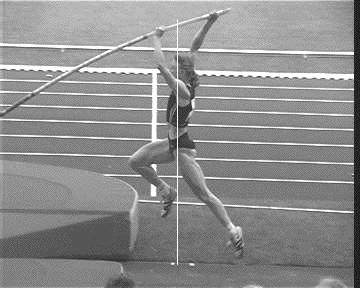 As soon as the pole hits the back of the box, the pole directs a force on the handholds that causes rotation of the vaulter towards the pole.
