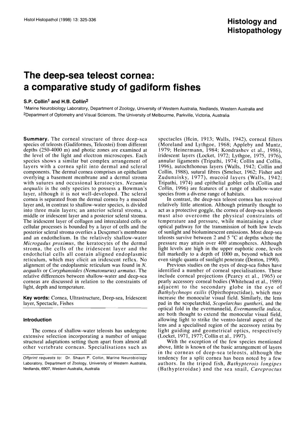 Histol Histopathol (1998) 13: 325-336 Histology and Histopathology The deep-sea teleost cornea: a comparative study of gadiform fishes S.P. Collinl and H.B.