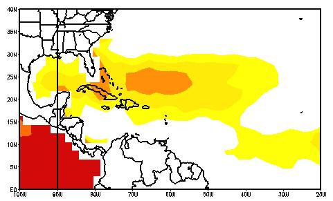 Usually, a Pacific El Niño causes warming in the tropical North Atlantic through the reduction of trade winds. Pacific Niño3-33 month correlation with SST, 1948-2004, r 0.27 sig.