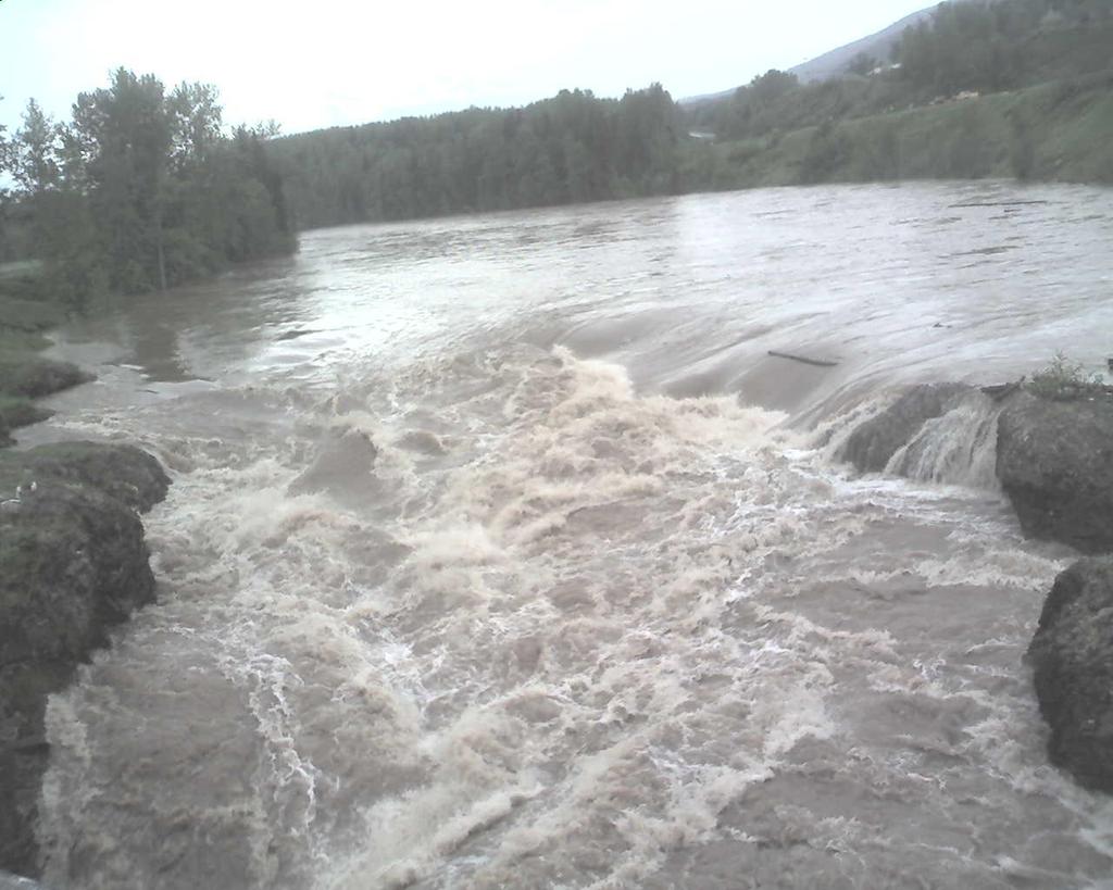 Figure 2. Photograph taken on June 4, 2007 illustrating high water level at Moricetown Canyon, resulting in lower steelhead catch (courtesy of Walter Joseph).