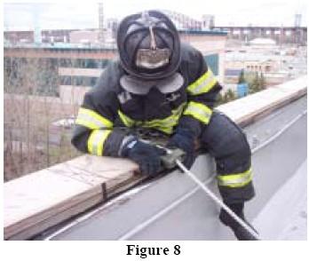 4. LOWERING OPERATION FROM A BUILDING WITH A PARAPET 4.3 Still holding the harness hook with the left hand, PALM DOWN, firmly grasp the rope in the right hand positioned at your right buttock.