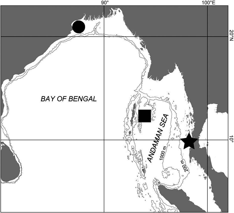 Map showing previously known records of Spottobrotula mahodadi (square) and Hapalogenys bengalensis (circle); and location of Bang Rin, Ranong Province, Thailand where the present specimens of the