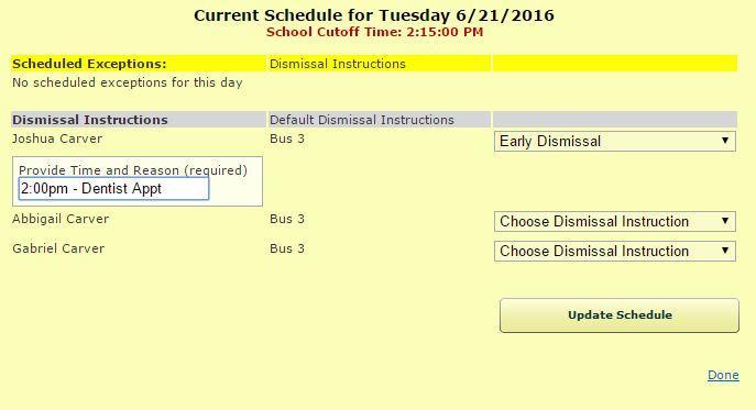 ) You can set your child up for early dismissal via SDM Select Early Dismissal from the dropdown for the child who