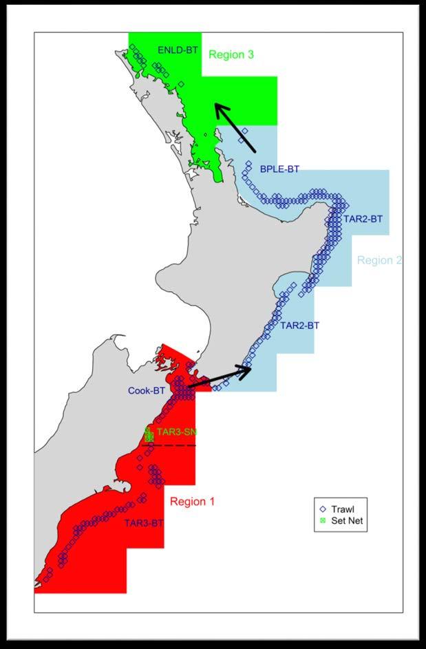 Figure 9: Fishery areas and regional structure of the three region model. The points represent locations (0.1 degree cells) where at least 25 t of tarakihi were caught during 2007/08 2015/16.