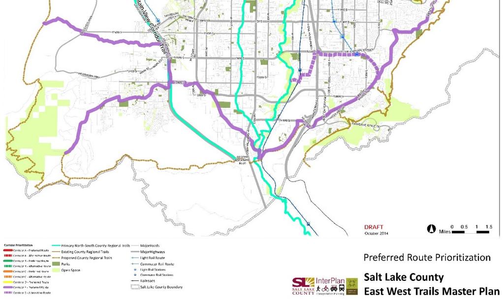 Salt Lake Couty East-West Recreatioal Trails Master Pla The East West Recreatioal Trails Master Pla project addresses the followig elemets: Idetifyig preferred aligmets (also secodary ad tertiary