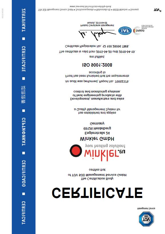 14. Certificate ISO 9001:2008 and certificate