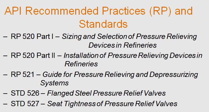 Pressure relief valve API recommended practices Some ASME safety relief valves are also following some API recommended practices & standard for safety relief valve.