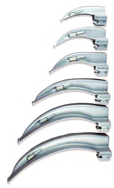 ANESTHESIA Conventional Laryngoscope MACINTOSH ENGLISH LATEX FREE REUSABLE Macintosh laryngoscope design is predominant choice among curved blades Flange extends all the way down to distal tip Soft