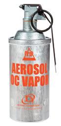 1056 OC Vapor Aerosol Grenade Delivers a very high concentration of OC in a powerful mist Minimal decontamination Non-flammable For indoor use NON-PYROTECHNIC Chemical Devices Muzzle blast deploys
