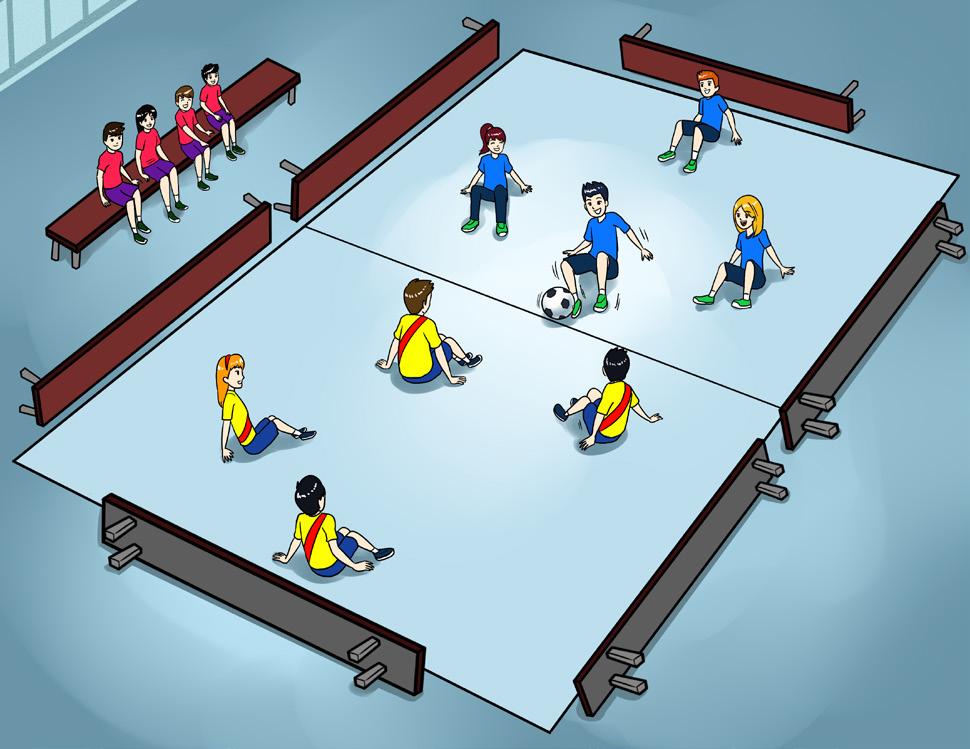 Each team has a goalkeeper who stands on his or her team s fat mat. To score a goal, a team has to get the ball onto the other team s fat mat. Hitting the side of the mat does not count as a goal.