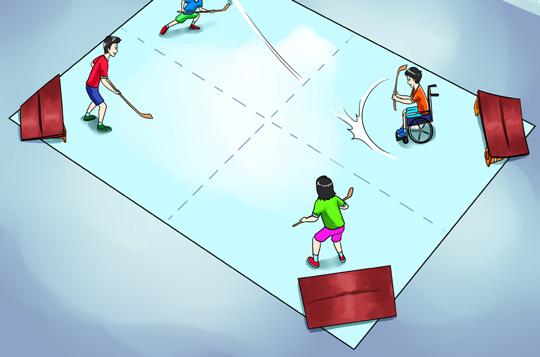 Slide Ball Ring Hockey This game is played by four players. The playing area is split up into four squares.
