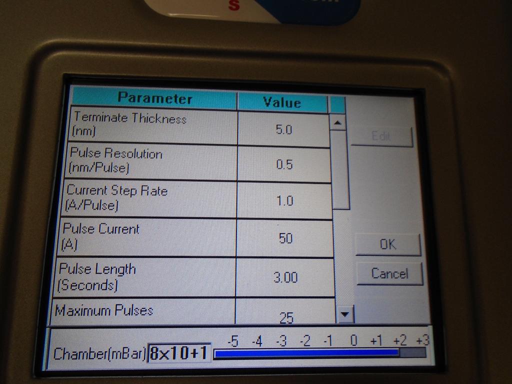 For controlled pulse cord carbon evaporations, make sure the terminate thickness is between 1 and 20 nm The values on this screen should be the following: Parameter Value Material Carbon (fixed read