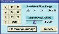 Following the program instructions, first select the gas type, and then flow rate units. A flow rate range will appear, and it can be changed. Enter a flow rate value and the setting is complete.