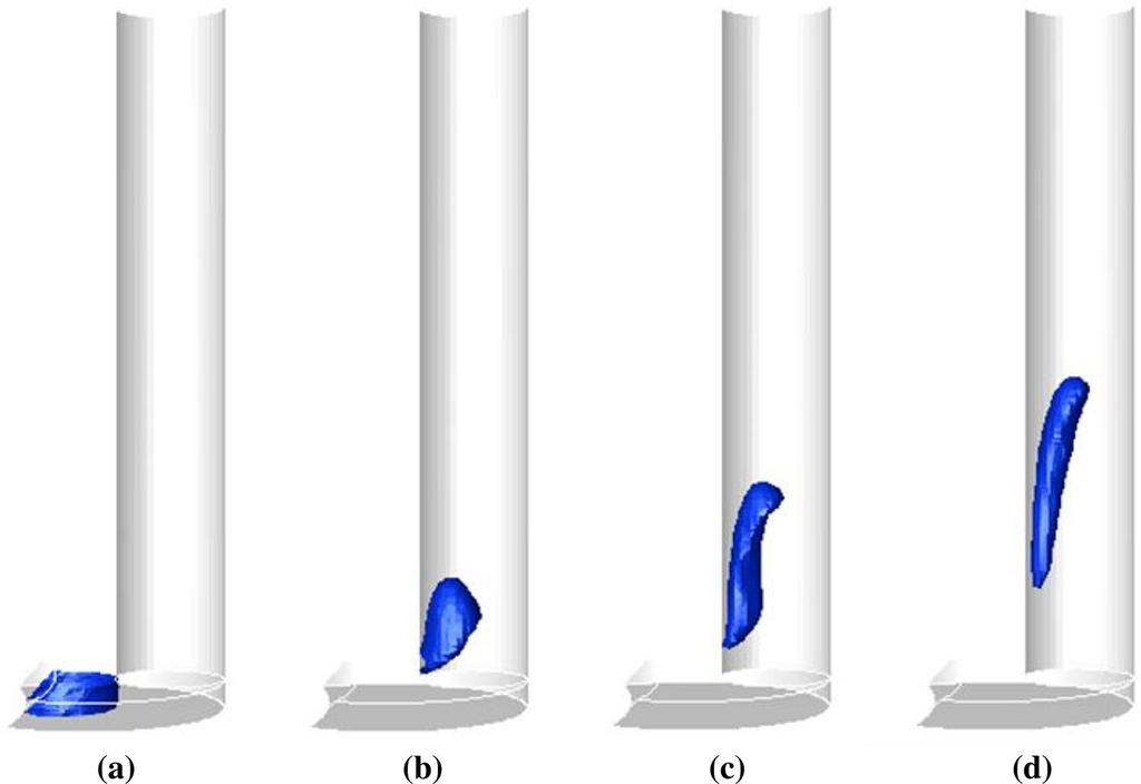 Fig. 17 Simulated unsteady motion of an air bubble in the conventional model with a circular cross-sectional RC (blue air bubble). a 0.0 ms, b 0.2 ms, c 0.4 ms, d 0.6 ms Fig.