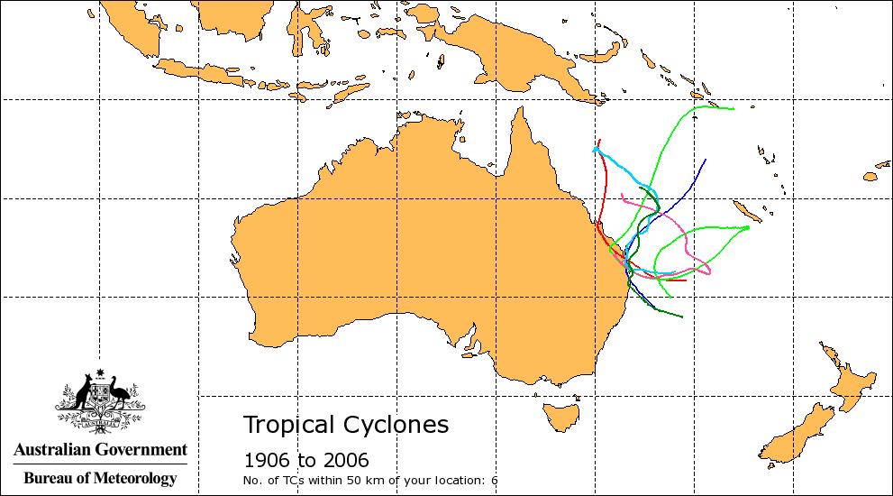 Figure 8. Tropical cyclones that have passed within 50 km of the S.S. Dicky between 1906 and 2007.