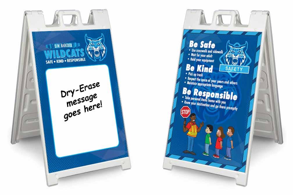 Dry Erase Products A-Frame signs are great for drop-off and pick-up area rules; get one side printed with a dialog bubble and use a