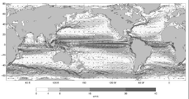 Long term mean current speed (shaded) Shallow and deep currents This is a long term mean and streamlines derived from satellite altimetry and near-surface drifters. Nikolai Maximenko, IPRC.