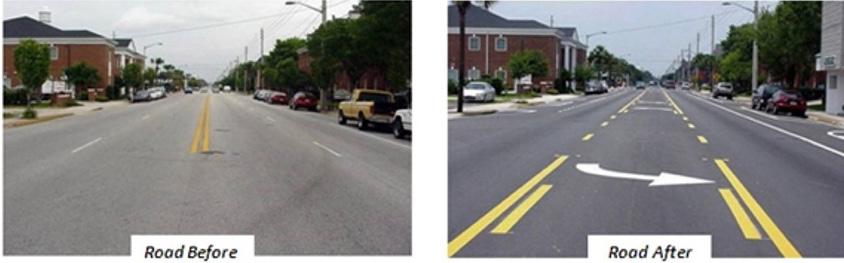 Before and after photographs of a road diet of Edgewater Drive in Orlando, Florida. While this is an urban area, commercial districts in rural areas have a similar look and a similar need for parking.