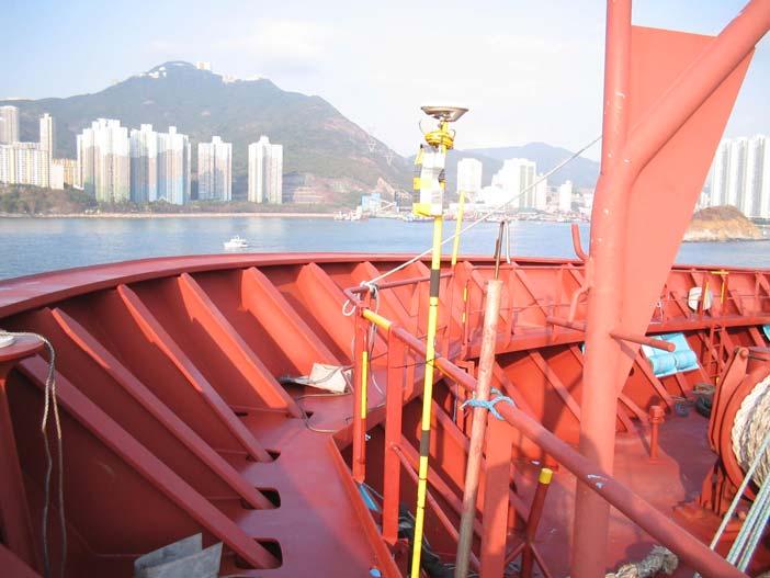 Figure 1: Typical GPS receiver locations on vessel Figure 2: Typical bow receiver mounting Arranging transits Before commencing the trials, Hong Kong Marine Department and CMST spent considerable