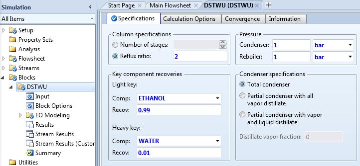 4.16. Specify column operating conditions. Go to the Blocks DSTWU Input Specifications sheet. In the Column specifications frame, select the Reflux ratio option and enter 2 for Reflux ratio.