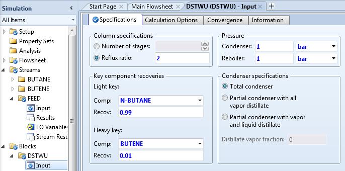 4.06. Specify column operating conditions. Double click the column block on the Main Flowsheet or go to the Blocks DSTWU Input Specifications sheet.