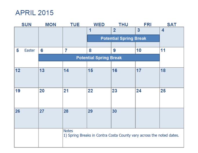 Figure 2-1: Public Holidays and Spring Break Periods in Contra Cost County, Spring 2015 Special Events: In Contra Costa County, no special events were observed to impact traffic conditions during the