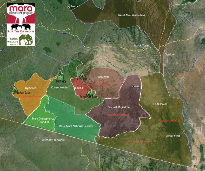 Map of Narok County areas in brown/red/mauve where, with funding, similar security and community outreach is planned. Each is described in red as "poaching hotspot".