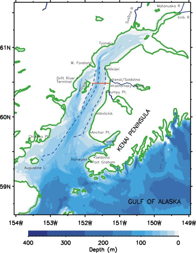 Figure 1. Bathymetric map and place names of Cook Inlet, Alaska.
