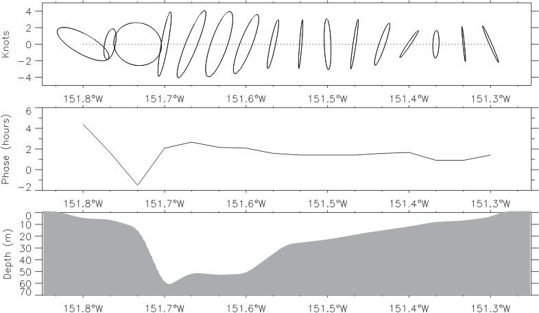Figure 7. (Top) Semidiurnal (M2) tidal ellipses. Northward flow is up, southward flow is down.