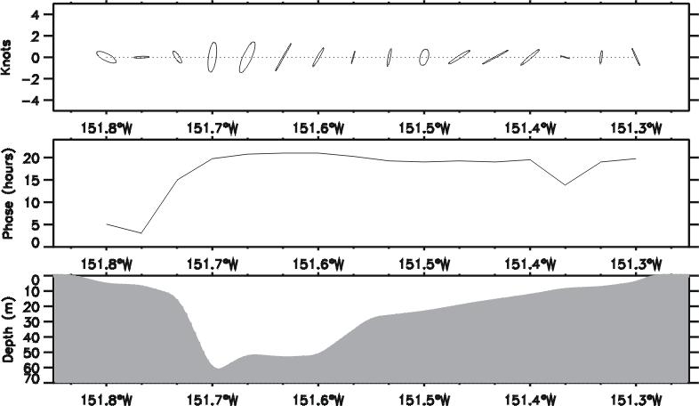 Figure 11. (Top) Diurnal (K1) tidal ellipses. Northward flow is up, southward flow is down.