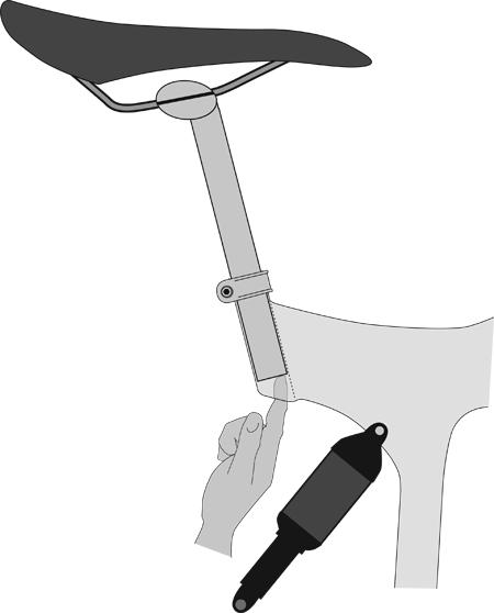 3-2 ): Sit on the saddle; Place one heel on a pedal; Rotate the crank until the pedal with your heel on it is in the down position and the crank arm is parallel to the seat tube. fig.
