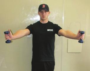 Rotate forearm to a palm down position. Repeat. 13) Stand with weights in hands.