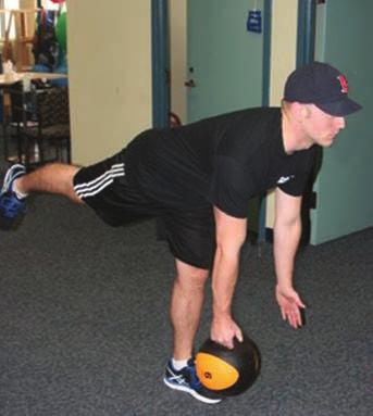 16) Stand on one leg with medicine ball as shown.