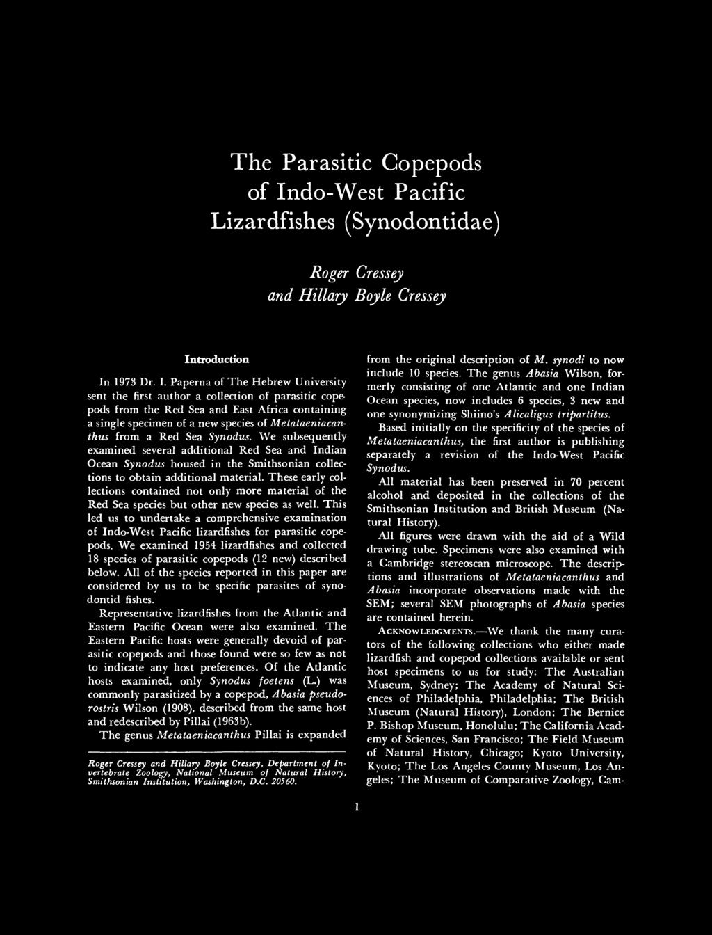 The Parasitic Copepods of In