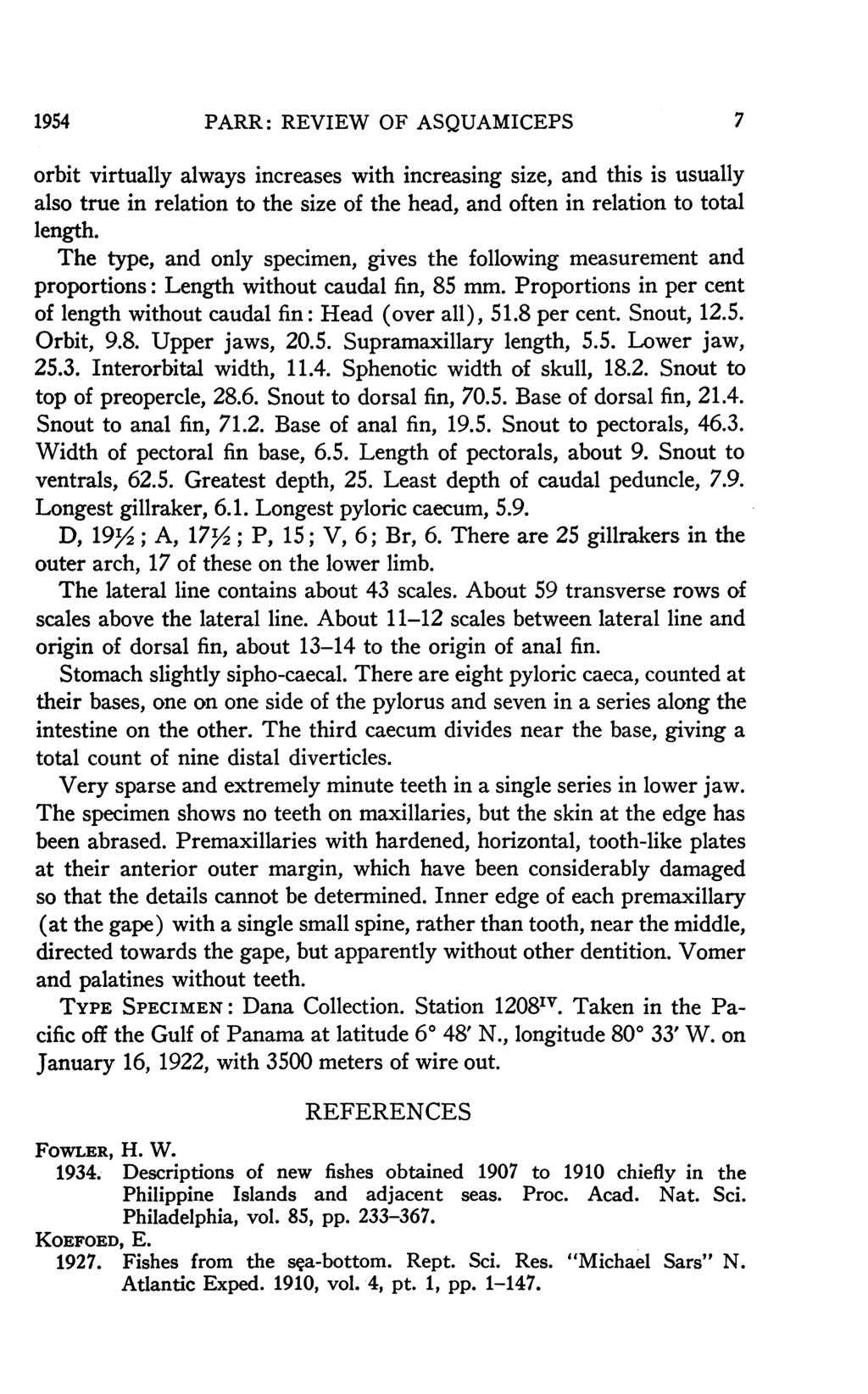 1954 PARR: REVIEW OF ASQUAMICEPS 7 orbit virtually always increases with increasing size, and this is usually also true in relation to the size of the head, and often in relation to total length.