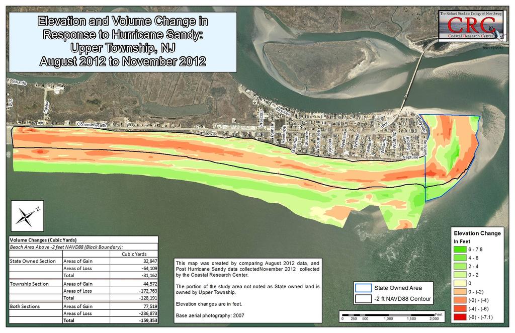 Figure 6. This Digital Elevation and Sand Volume Change map is based on the comparison of pre-sandy information obtained in August 2012 and compared to the post-storm information from November.