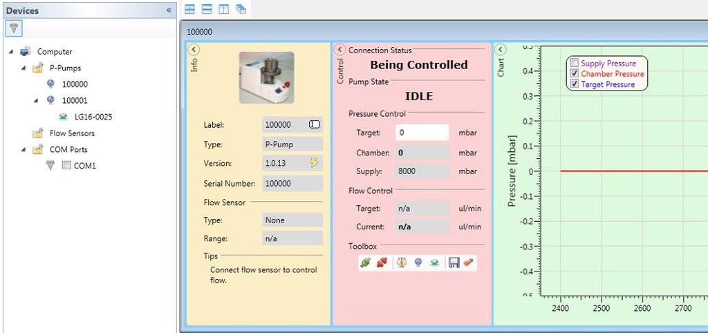 11.2 Using the PC software The PC Software offers 3 sections as shown below: 1) Devices This section allows users to monitor and set the target and chamber pressure of the pump.