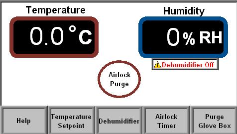 NOTE: When the Dehumidifier is turned off the primary display/monitoring page will indicate this with an icon under the %Rh display (see the example below) For optimal Temperature control it is