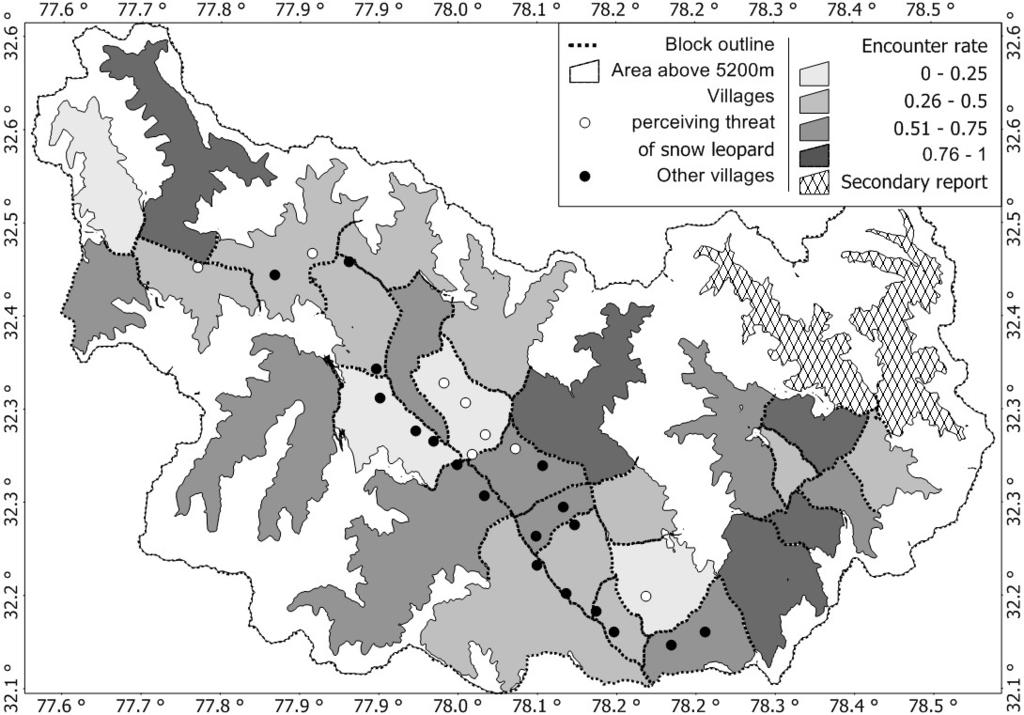 Figure 1: Distribution and encounter rate of snow leopard Panthera uncia, and villages where they were perceived as a threat to livestock (open circles) in the