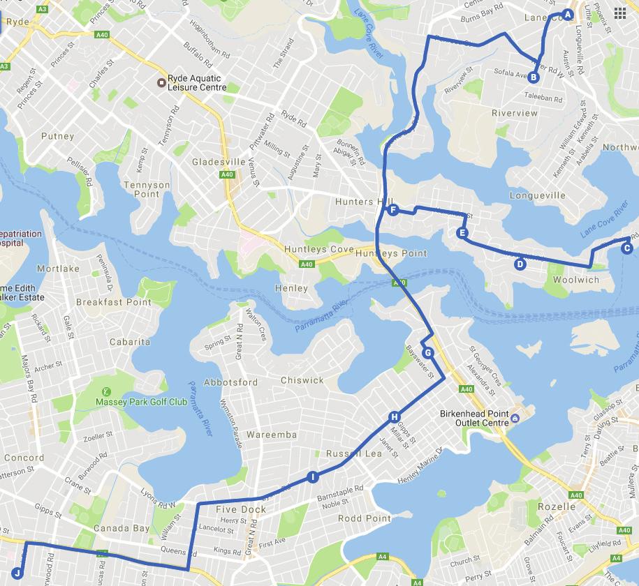 Lane Cove/Hunters Hill/Drummoyne/Five Dock AM PM DEPARTURE POINT DEPARTS DESTINATION ARRIVES Corner of Burns Bay Road and Rosenthal Avenue, Lane Cove (near Coles) A 7am Corner of Sofala Avenue and