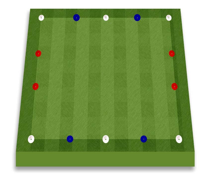 Place a cone down in the centre of the pitch to divide it into 4 square sections. Give the 4 players on each team positions i.e attacker, left midfield, right midfield and defender.